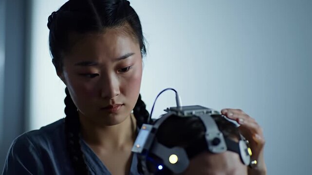 Asian woman adjusting futuristic headgear on another person in a blue environment