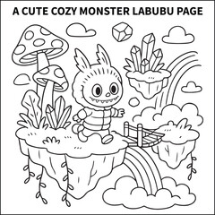 The little monster bravely explores a magical world in the sky, crossing a rope bridge between floating islands of giant mushrooms and sparkling crystals. Bold and easy coloring pages for kids, teens 