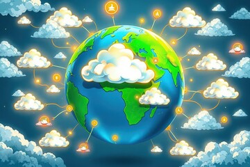 Digital Illustration of Earth Surrounded by Clouds and Connections