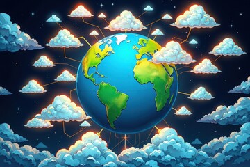Colorful Earth Surrounded by Clouds and Stars in Digital Art Style
