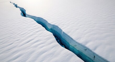 Blue crack in white ice field showing frozen polar landscape