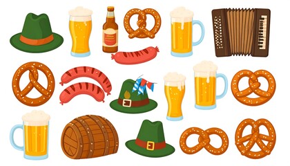 Oktoberfest themed vector illustration featuring beer, pretzels, hats and sausage