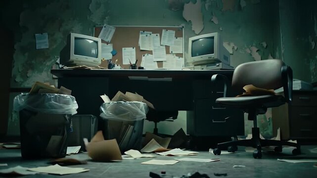 Dilapidated Office with Cluttered Desk Vintage Monitors and Peeling Paint Showing Decay and Disarray