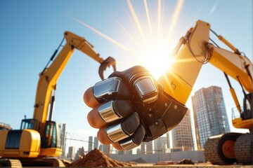 Futuristic robotic hand in construction site with machinery backdrop