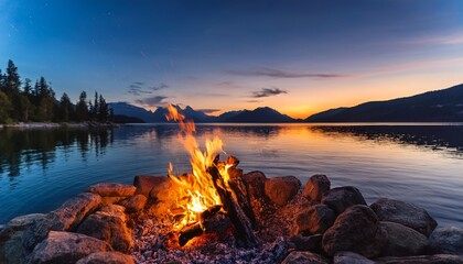 bonfire by the lake at dusk serene campfire scene calm waters stunning sunset breathtaking landscape idyllic setting relaxing ambiance