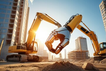 Robotic Hand Overseeing Construction Site with Heavy Machinery
