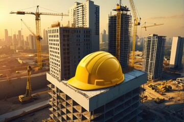 Construction Site with Yellow Hard Hat on Building Under Construction