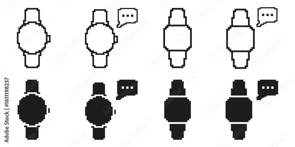 Poster smartwatch with chat bubble pixel art icon set. communication and connectivity pixelated symbol coll