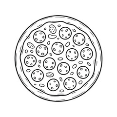 Hand-Drawn Pepperoni Pizza  Whole Round Doodle Sketch Line Vector Illustration on White Background