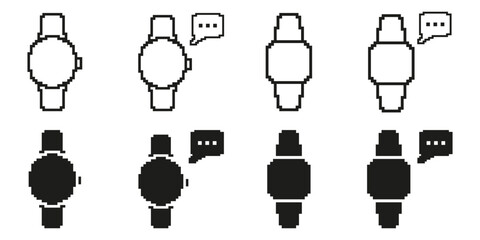 Smartwatch With Chat Bubble Pixel Art Icon Set. Communication And Connectivity Pixelated Symbol Collection. Digital Interaction And Messaging. Isolated Vector Illustration