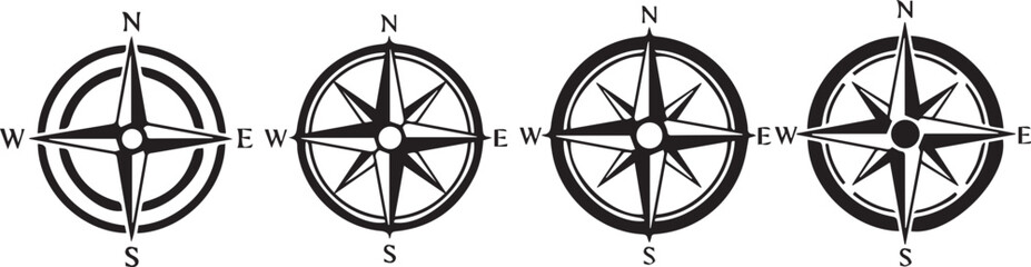 Compass Rose Icon Set Vector &ndash; Black Navigation and Direction Symbols