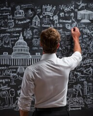 Civic education in classroom with chalkboard and democracy terms