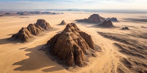 Mysterious geological formations rise dramatically from the vast desert landscape during golden hour light Generative AI