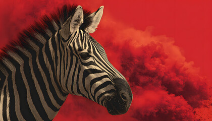 zebra head with red smoke. Rare Disease Day greeting card or banner design. Concept focuses on support, care, awareness, medicals, fight, genetic health, global medicine