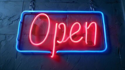 Neon open sign on a textured wall - Powered by Adobe