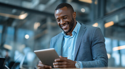 Smiling african american businessman using a tablet in a modern office environment setting