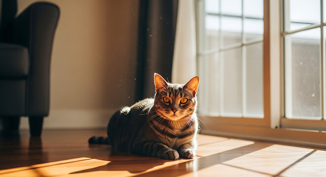 A tabby cat lies on a wooden floor bathed in sunlight near a window, with a chair partially visible in the background.
