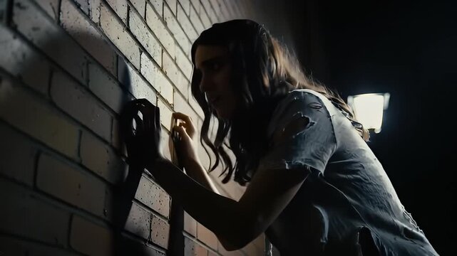 Distressed woman leans against a brick wall under a street light at night