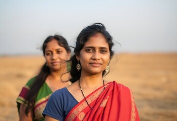 Portrait of indian women wearing traditional sarees in outdoor setting rural india culture woman