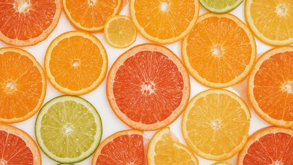 Fresh citrus fruits background with slices of orange, lemon and lime on white