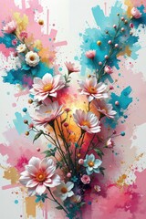 Blooming Fantasy Flowers Exploding into Colorful Cosmic Light, Whimsical Pastel Floral Artwork