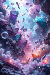 Surreal Crystal Structures in a Dreamlike Space Universe, Fantasy Abstract Sci-fi Illustration