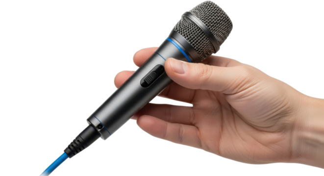 Hand holding a microphone with a blue cable isolated PNG with Transparent Background