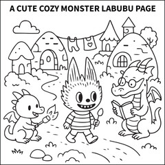 Fototapeta premium The little monster takes a pleasant stroll through his magical village, greeting his friendly dragon neighbors as they read books and roast marshmallows. Bold and easy coloring pages for kids a teens.