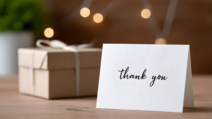 Thank you card displayed on wooden table beside a wrapped gift box, featuring elegant handwritten script, creating a warm and inviting atmosphere for appreciation and gratitude