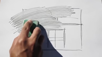 Hand holding eraser over sketch of lines and rectangle on white paper, erasing the drawing