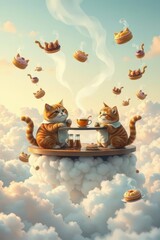 Fantasy Cats Having Tea and Pancakes on Floating Clouds, Cute Dreamlike Cafe in the Sky Scene