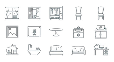 Set of outline icons of furniture for every room isolated PNG with Transparent Background