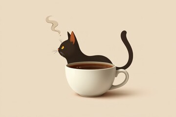 Playful Cat Emerging from Coffee Cup in Simple Background Design