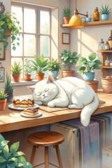 Peaceful White Cat Sleeping on Table Among Plants and Desserts