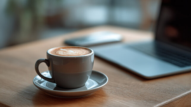 A cup of coffee with latte art on a saucer next to a laptop and a smartphone on a wooden table