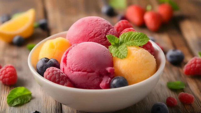 Assorted scoops of berry and mango sorbet in a white bowl with fresh raspberries, blueberries, and mint. Served on wooden table. Bright and fruity treat.