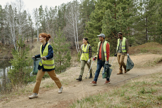 Group of young adult multiethnic men and women walking along forest path wearing safety vests, carrying garbage bags and litter pickers, participating in outdoor cleanup activity