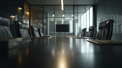 A conference room with a long table and black chairs in a modern office building setting indoors