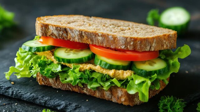 Close-up of a fresh vegetarian sandwich made with whole grain bread, hummus, lettuce, cucumber, and tomato. Nutritious, crisp, and plant-based meal.