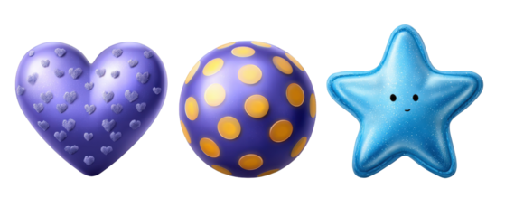 Colorful collection of playful shapes including a heart, a polka-dotted ball, and a star against a white background