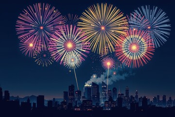 illustration of Colorful Fireworks Erupting Over City Skyline at Night Sky