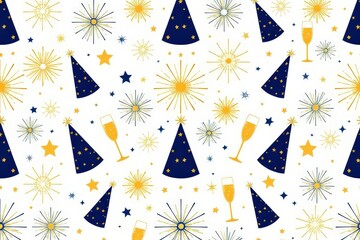 illustration of Colorful Celebration Pattern with Hats, Stars, and Champagne Glasses
