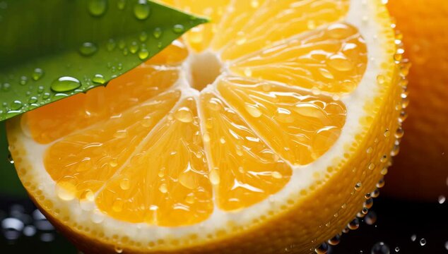 Fresh juicy orange slice with water droplet on citrus fruit, close up showing fresh texture and refreshing appearance of fruit slice