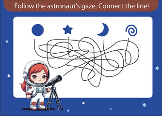 Logic puzzle for kids, with a  astronaut girl looking through a telescope towards space objects (sun, star, moon, spiral).  Vector template  ideal for paper educational games