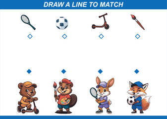 A fun "Draw a Line to Match" puzzle for kids, featuring sports and art items (tennis racket, soccer ball, scooter, paintbrush) matched with animals. Vector template, ideal for paper educational games.