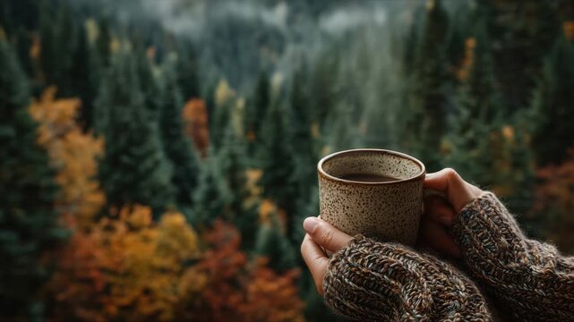 Close-up of hands in warm knitted sleeves holding a ceramic mug with hot beverage. Background shows a misty forest with autumn foliage. Calm and cozy.