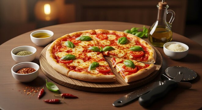 Delicious margherita pizza with fresh basil and olive oil on wooden table