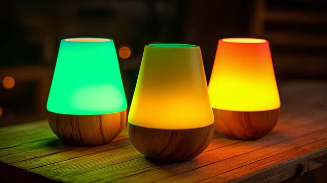 Stylish Smart Lamps with Gradient Colored Light on Wood

