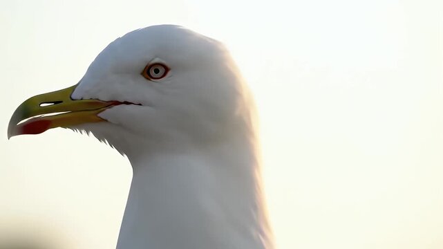 Extreme Close Up of A White Seagull with Orange Eyes and Yellow Beak