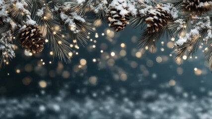 Snow-covered pine branches with cones and twinkling lights on dark blurred background. Magical winter bokeh for holiday design. Warm festive atmosphere. - Powered by Adobe